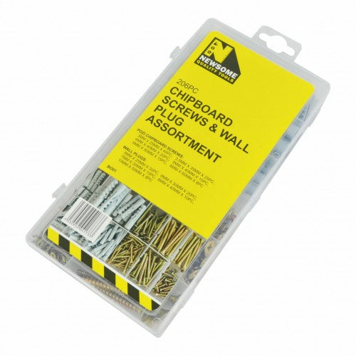 Box of 206pc Assorted Chipboard Screws & Wall Plugs